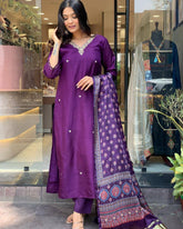 "Royal Purple Silk Suit with Embroidered Neckline & Printed Dupatta – Elegant Festive Wear"