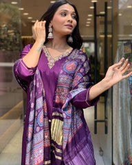 "Royal Purple Silk Suit with Embroidered Neckline & Printed Dupatta – Elegant Festive Wear"