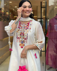 Traditional White Chikankari Suit with Colorful Detailing
