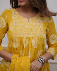 "Sunshine Yellow Printed Cotton Kurta Set – Brighten Up Your Everyday Look"