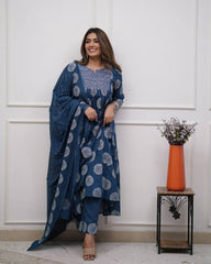 "Navy Blue Bandhani-Print Cotton Kurta Set – Effortless Elegance in Everyday Style"