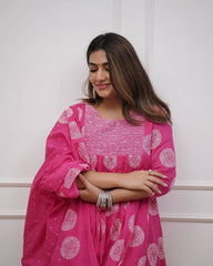 "Hot Pink Bandhani-Print Cotton Kurta Set – Everyday Elegance with Comfort"