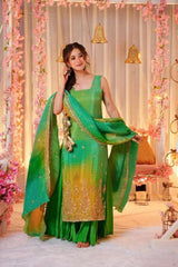 "Elegant Green and Yellow Ombre Sharara Suit – Festive Wear"