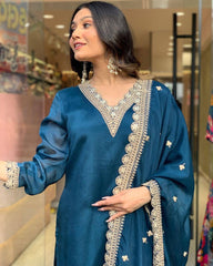 "Teal Blue Silk Suit with Intricate Lace Detailing & Dupatta – Graceful Ethnic Ensemble"