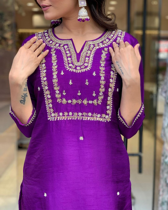 Purple Women Embroidered Viscose kurta pant dupatta set