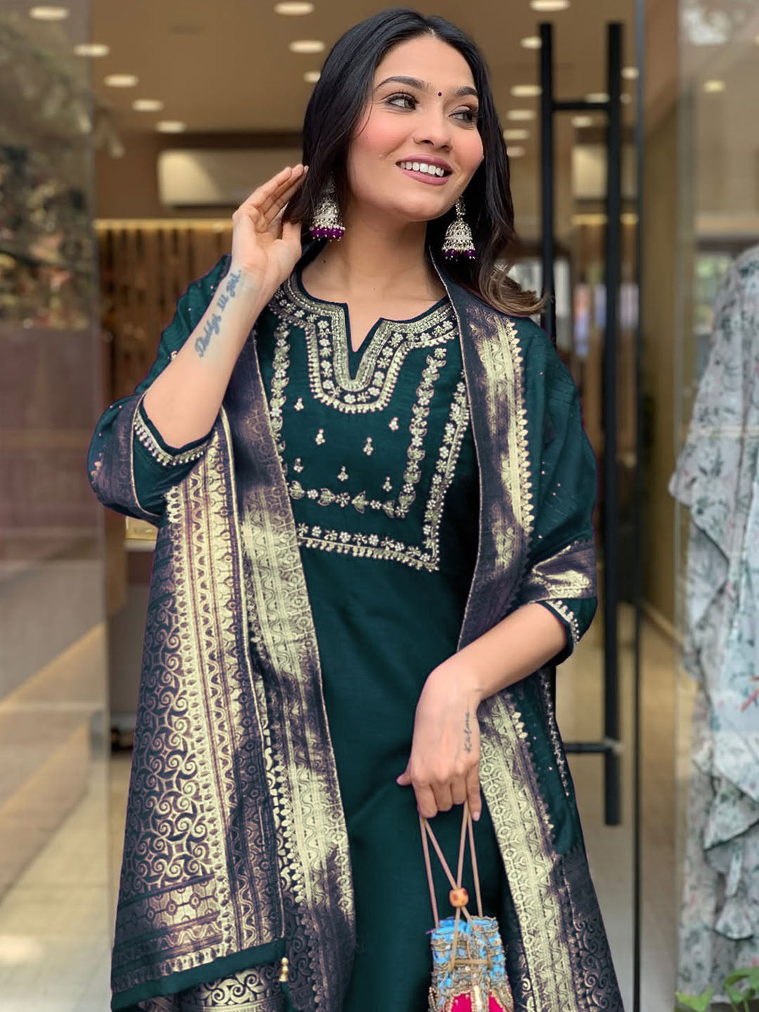 Dark Green Colour Silk Readymade Suits With Bottom and Dupatta