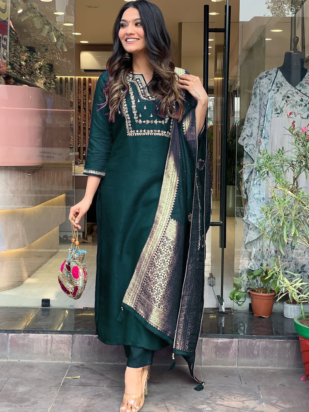 Dark Green Colour Silk Readymade Suits With Bottom and Dupatta