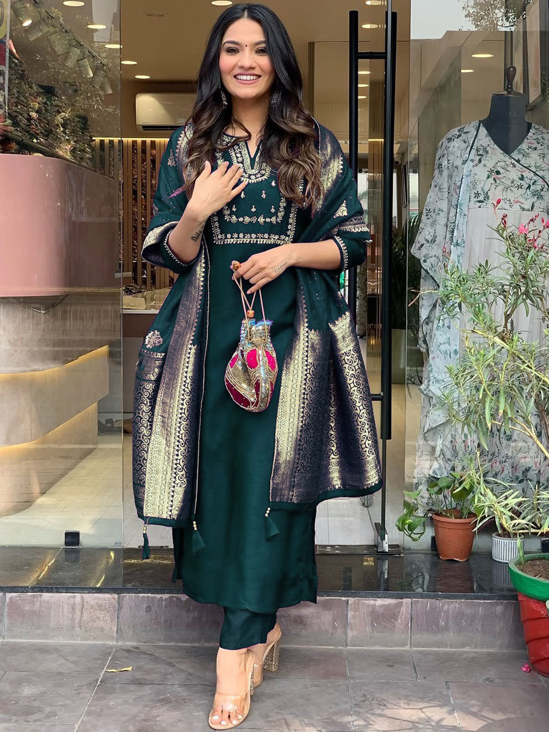 Dark Green Colour Silk Readymade Suits With Bottom and Dupatta