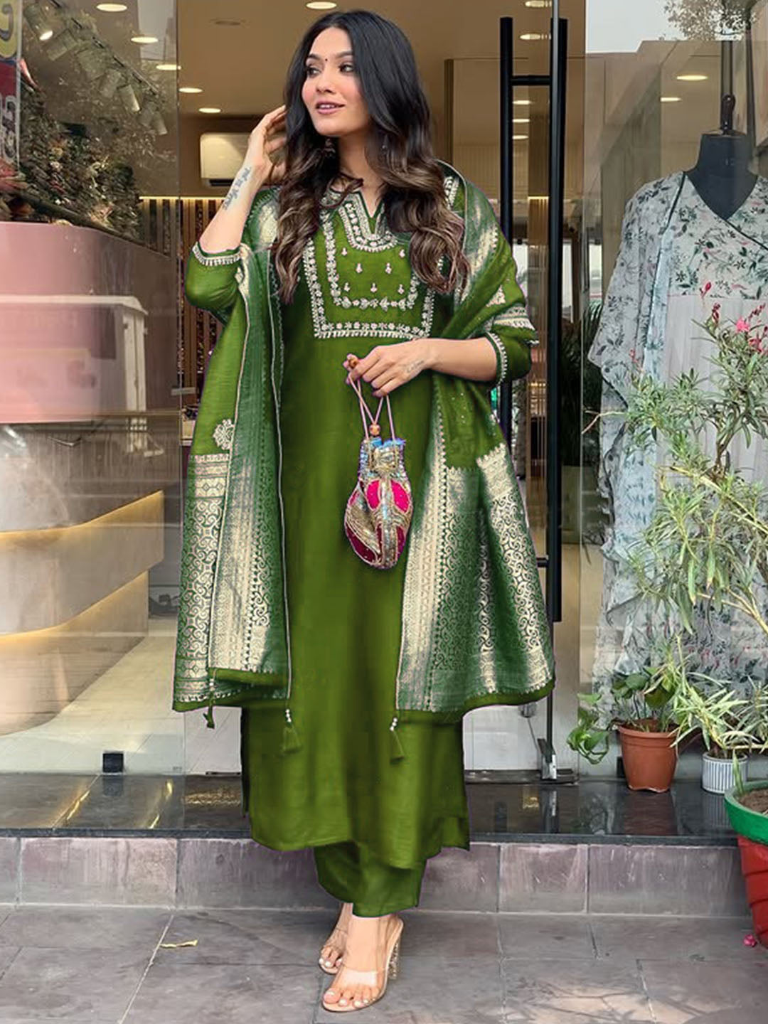 "Elegant Olive Green Silk Embroidered Salwar Suit with Jacquard  Dupatta"
