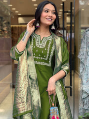 "Elegant Olive Green Silk Embroidered Salwar Suit with Jacquard  Dupatta"