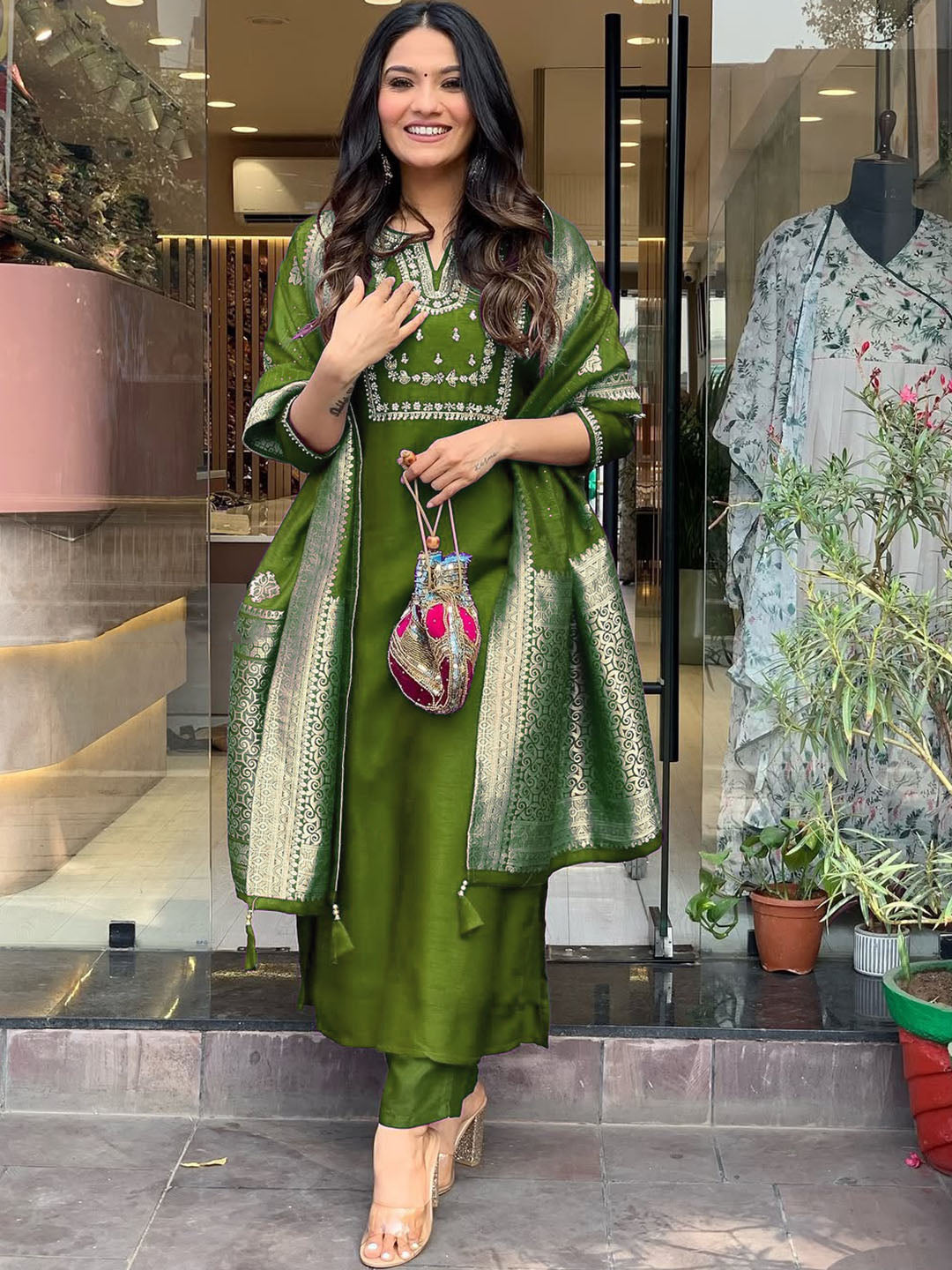 "Elegant Olive Green Silk Embroidered Salwar Suit with Jacquard  Dupatta"