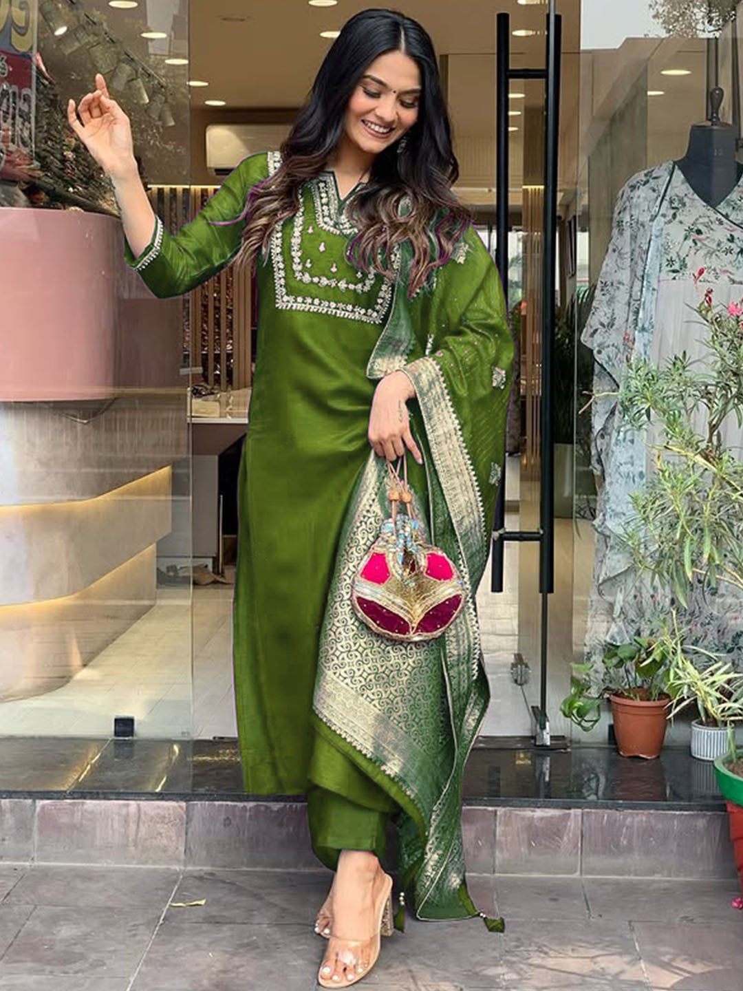 "Elegant Olive Green Silk Embroidered Salwar Suit with Jacquard  Dupatta"