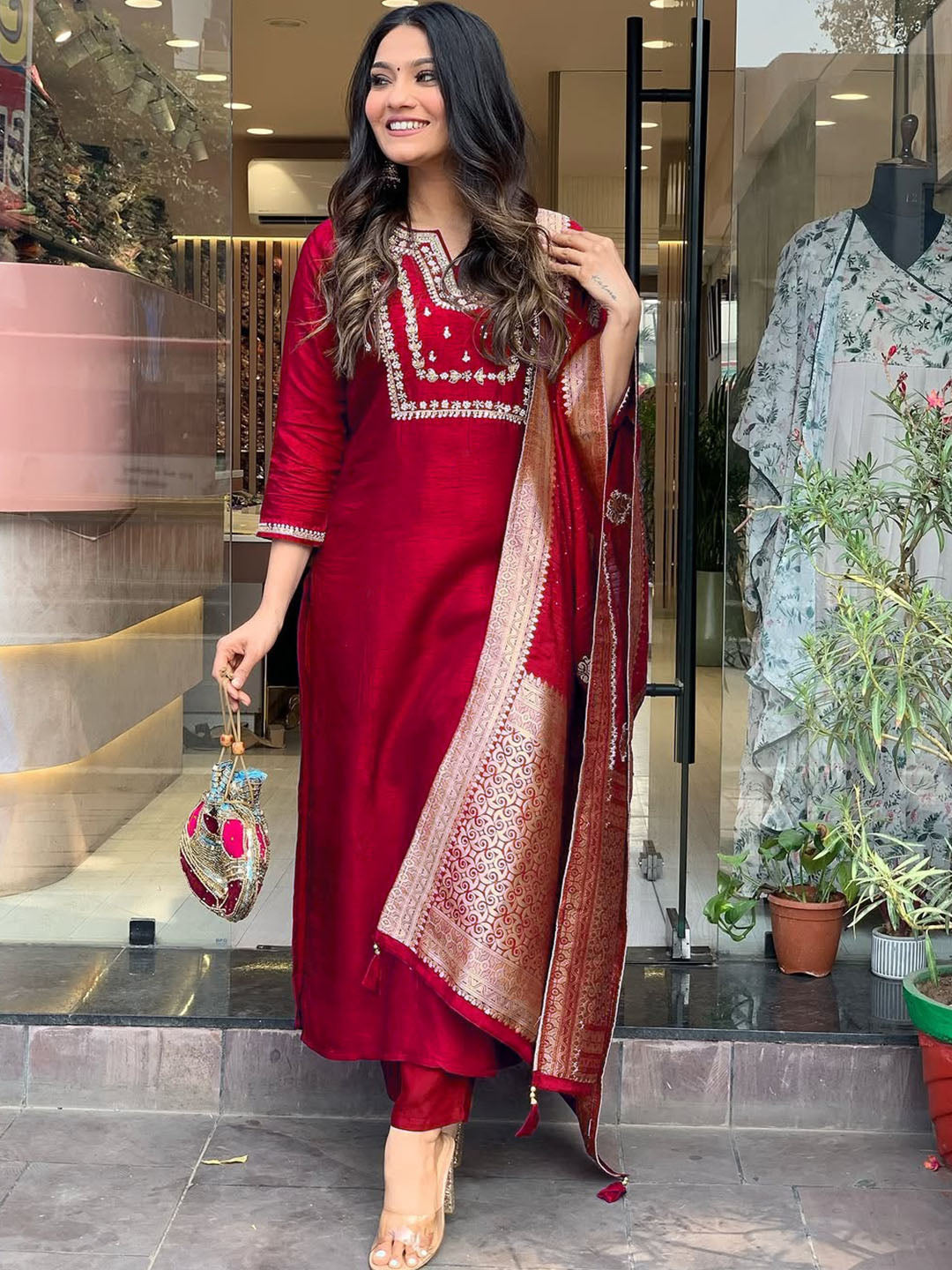 "Rich Red Silk Embroidered Salwar Suit with Contrasting Jacquard Dupatta"