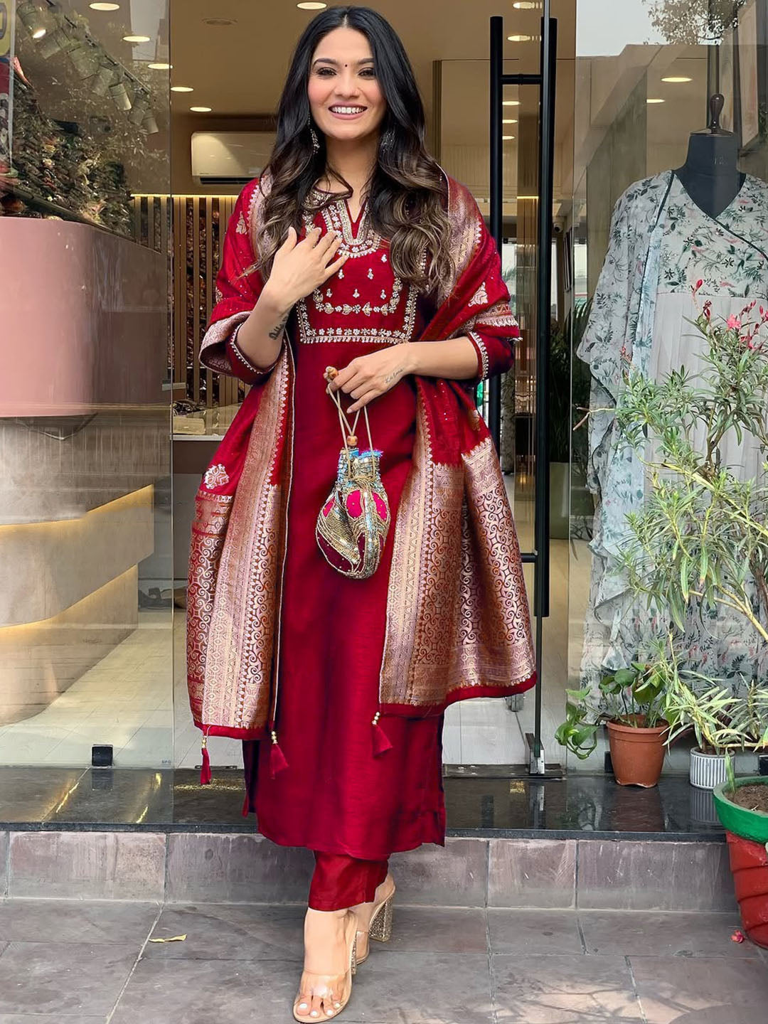 "Rich Red Silk Embroidered Salwar Suit with Contrasting Jacquard Dupatta"