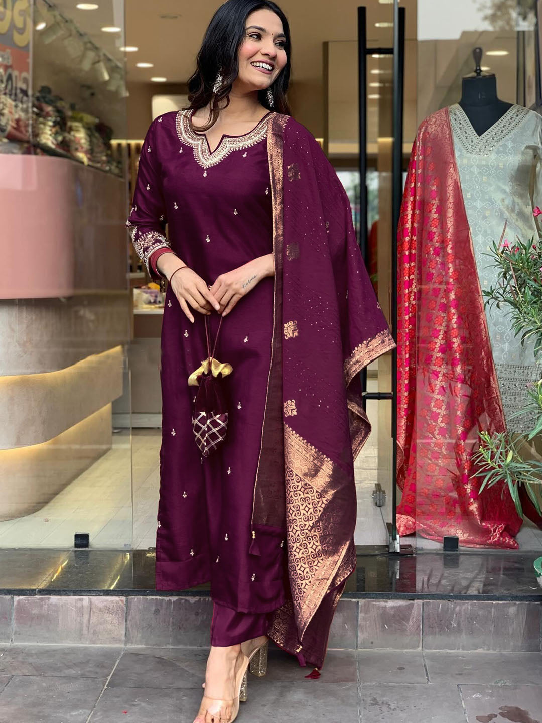 Zari Embroidered Kurta Set with Jacquard  Dupatta AND Classic Indian a-line style.