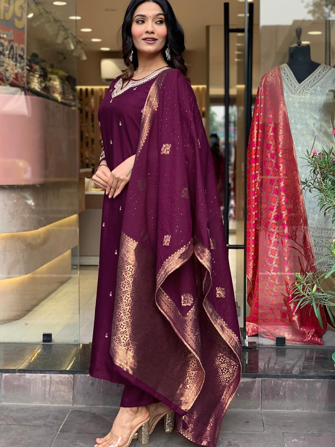 Zari Embroidered Kurta Set with Jacquard  Dupatta AND Classic Indian a-line style.
