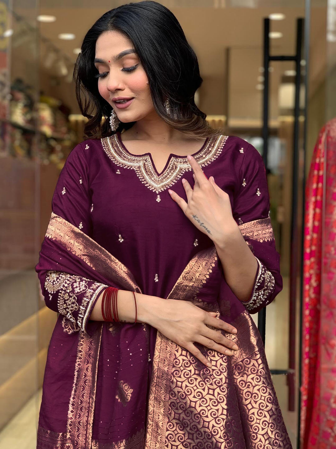 Zari Embroidered Kurta Set with Jacquard  Dupatta AND Classic Indian a-line style.