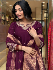 Zari Embroidered Kurta Set with Jacquard  Dupatta AND Classic Indian a-line style.