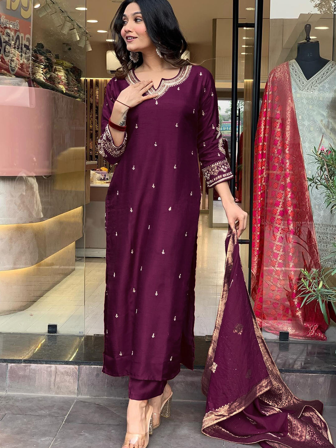 Zari Embroidered Kurta Set with Jacquard  Dupatta AND Classic Indian a-line style.
