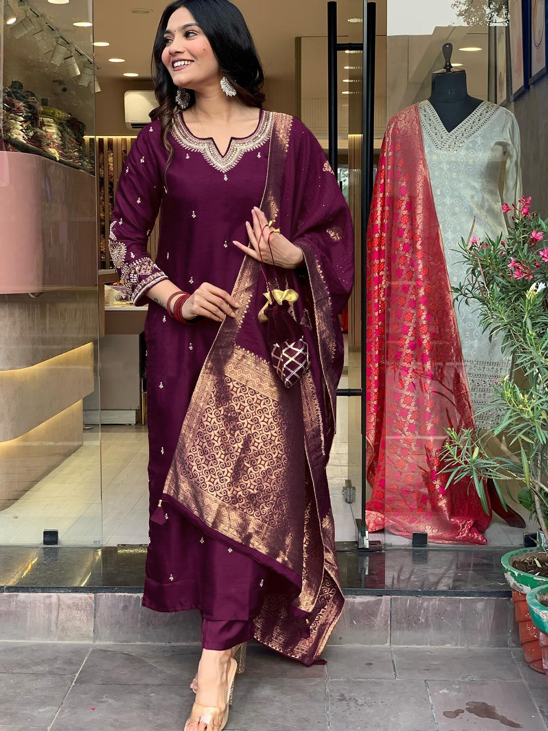 Zari Embroidered Kurta Set with Jacquard  Dupatta AND Classic Indian a-line style.