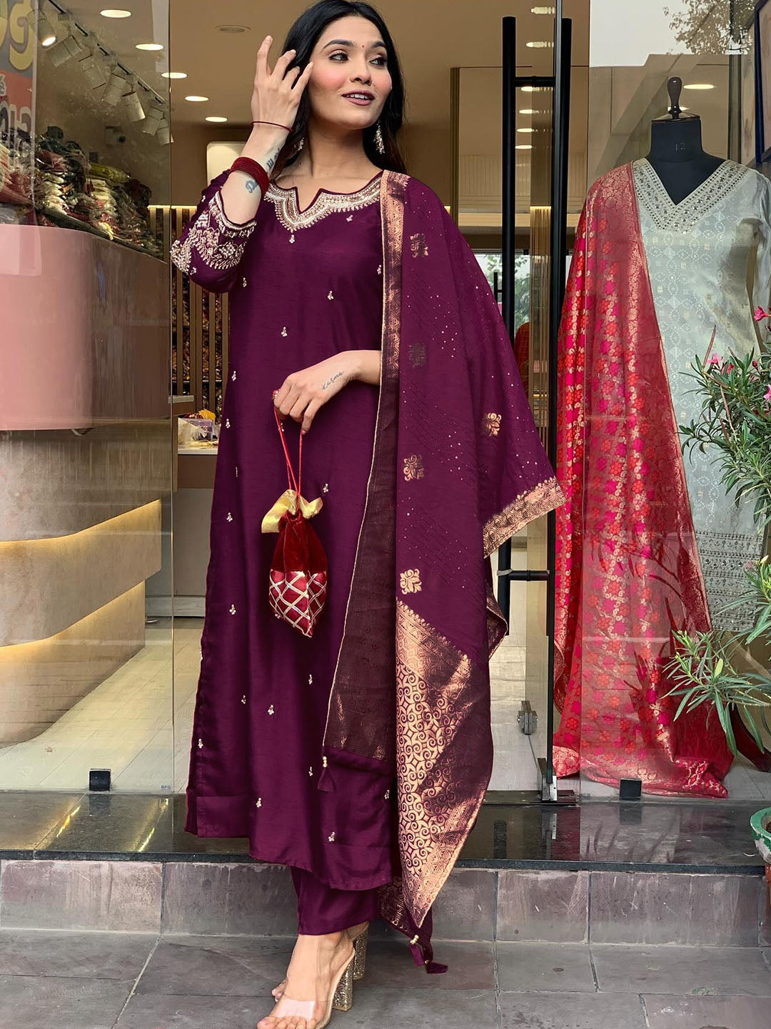Zari Embroidered Kurta Set with Jacquard  Dupatta AND Classic Indian a-line style.