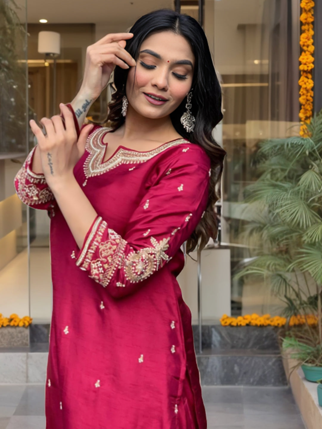 Maroon Silk Embroidered Salwar Suit with Jacquard Dupatta - Festive & Party Wear