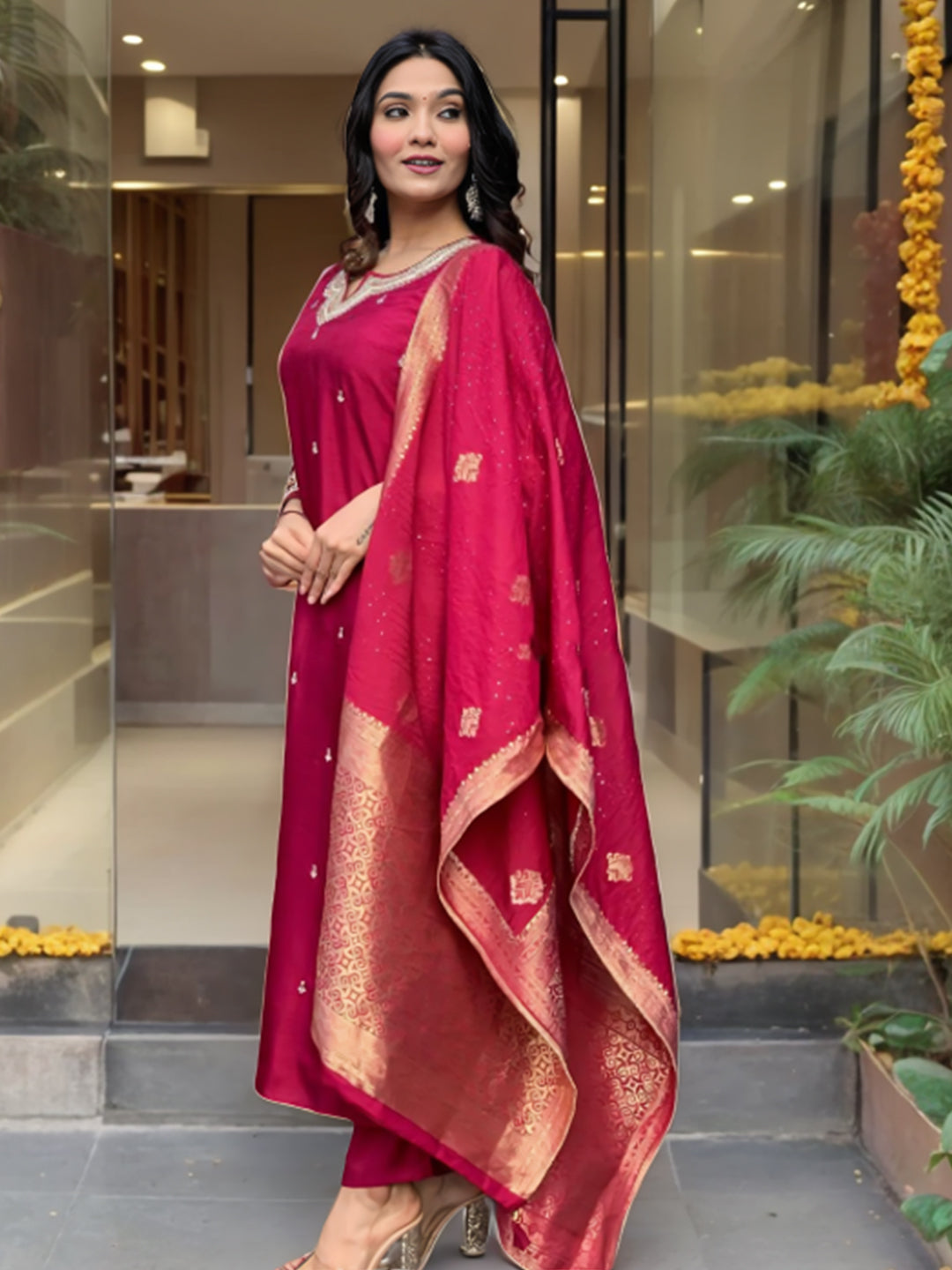 Maroon Silk Embroidered Salwar Suit with Jacquard Dupatta - Festive & Party Wear