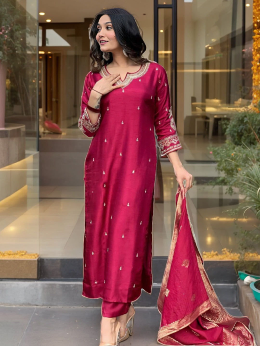 Maroon Silk Embroidered Salwar Suit with Jacquard Dupatta - Festive & Party Wear