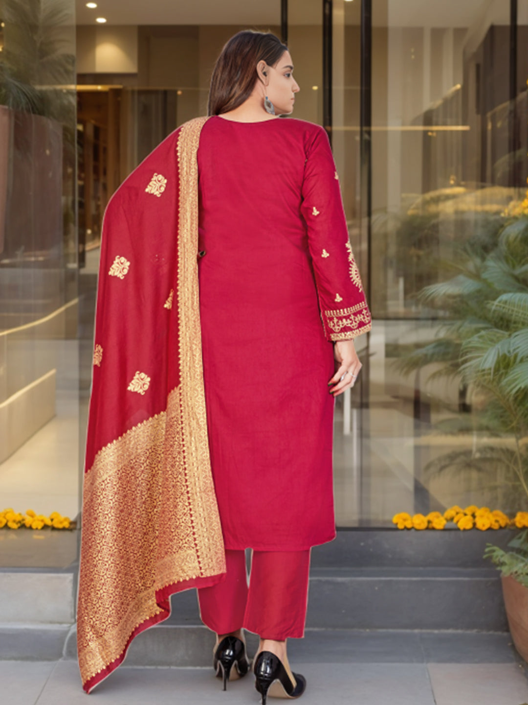 Maroon Silk Embroidered Salwar Suit with Jacquard Dupatta - Festive & Party Wear