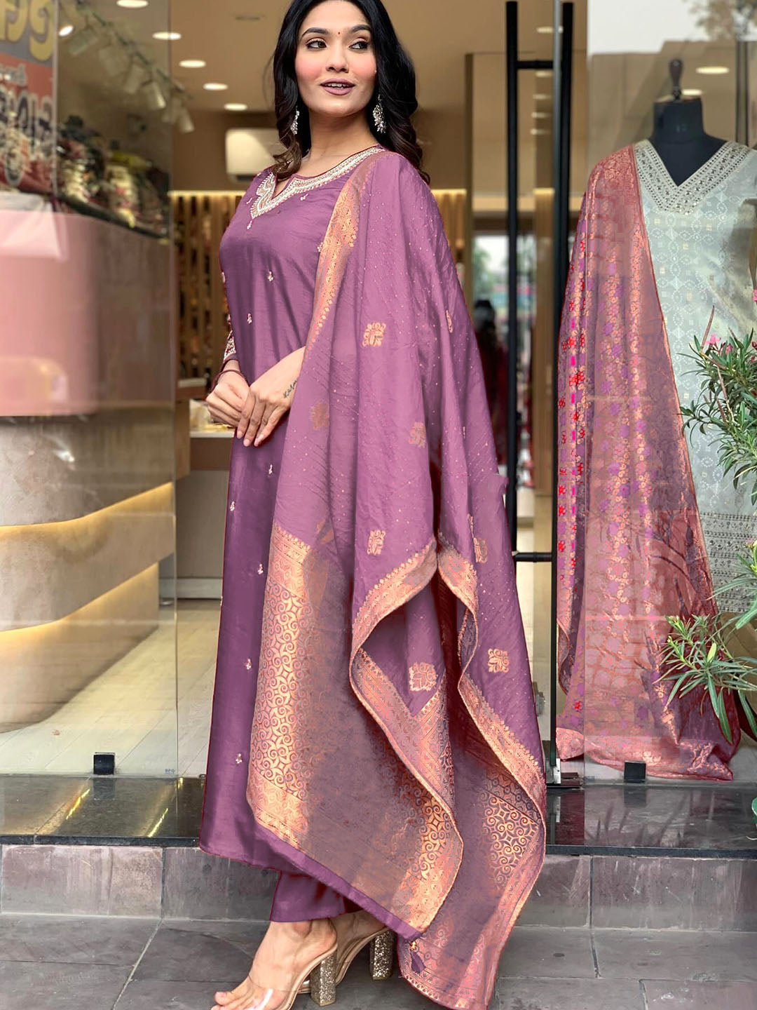 Women Embroidered Straight Kurta Set with Dupatta