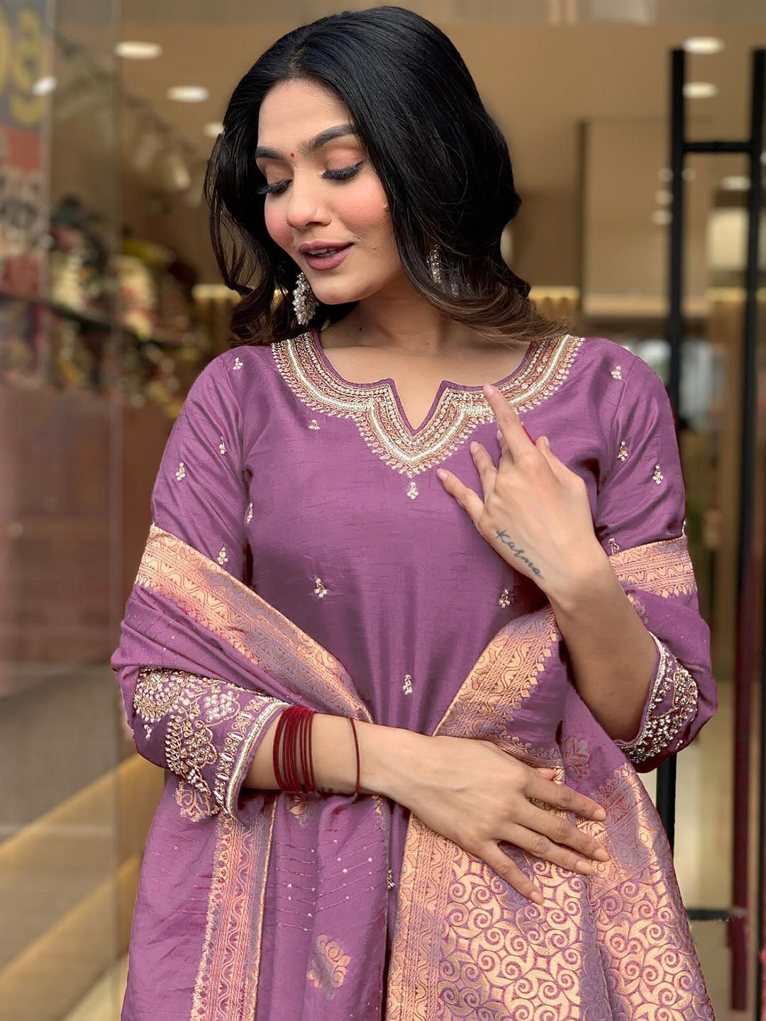 Women Embroidered Straight Kurta Set with Dupatta