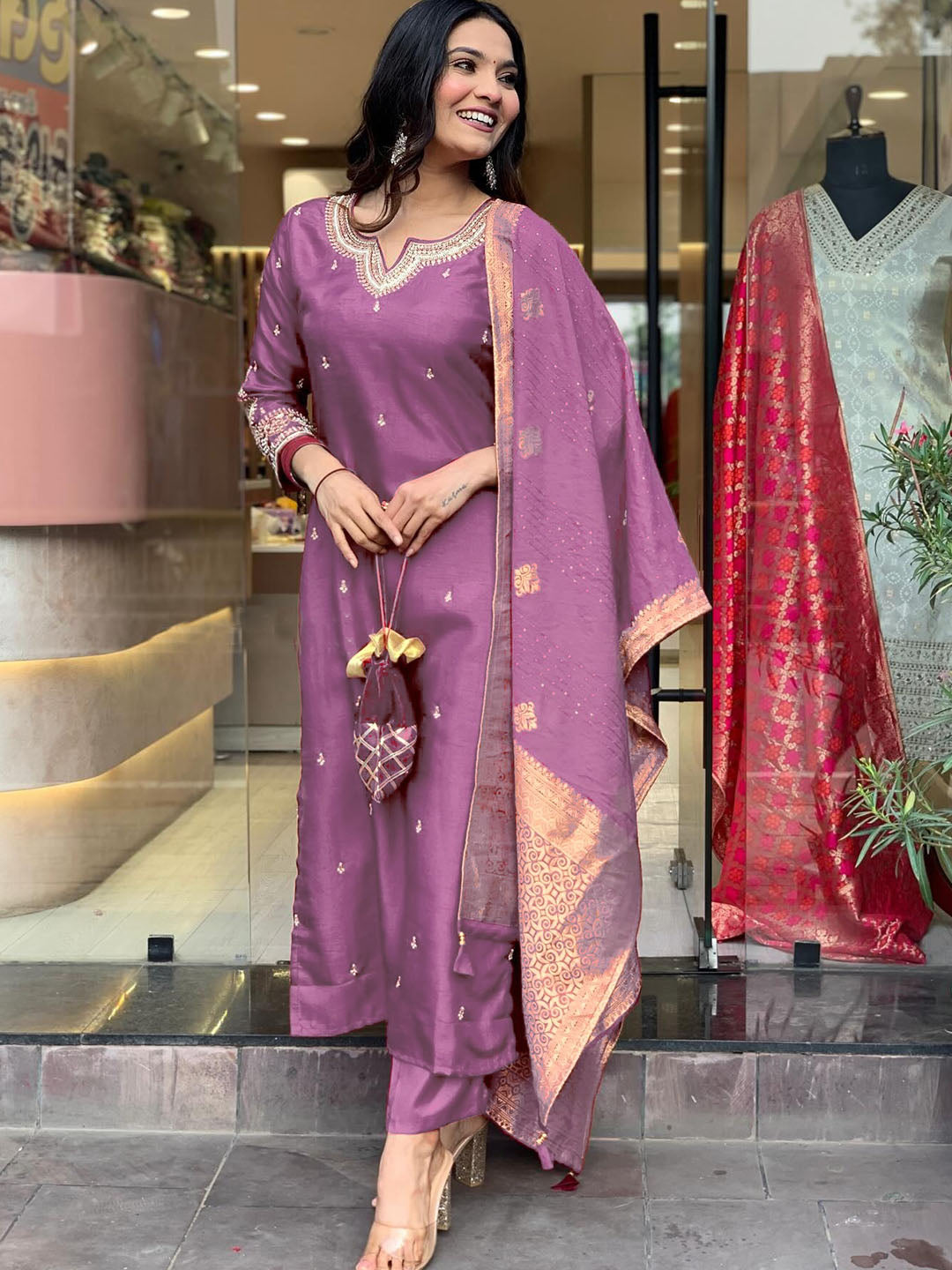 Women Embroidered Straight Kurta Set with Dupatta