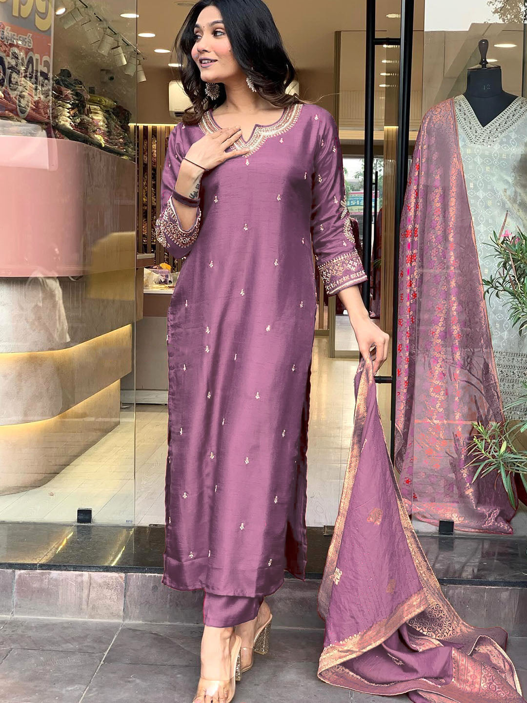 Women Embroidered Straight Kurta Set with Dupatta