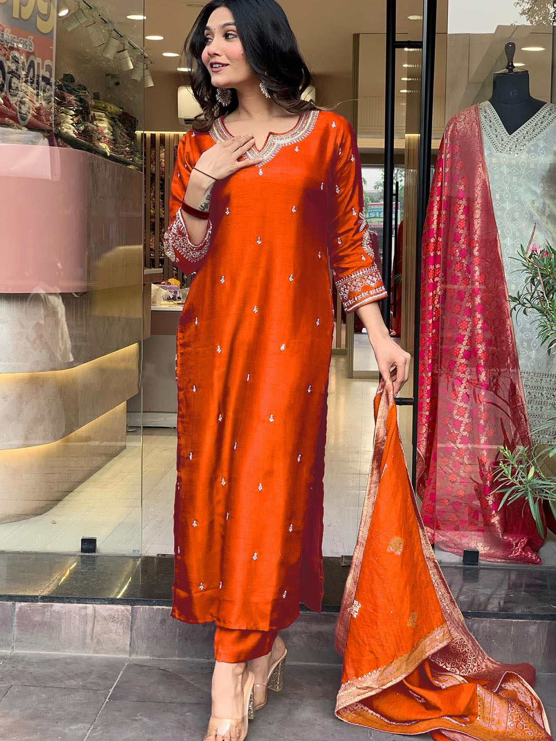 "Festive Rust Orange Silk Embroidered Suit with Traditional Jacquard Dupatta"