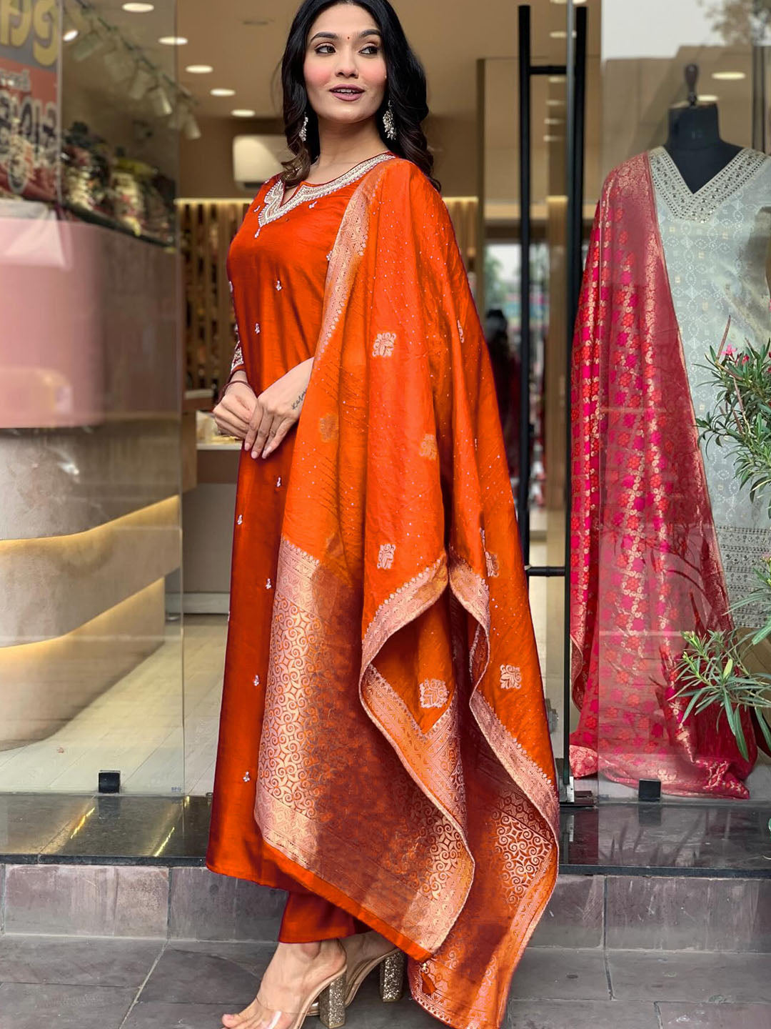 "Festive Rust Orange Silk Embroidered Suit with Traditional Jacquard Dupatta"