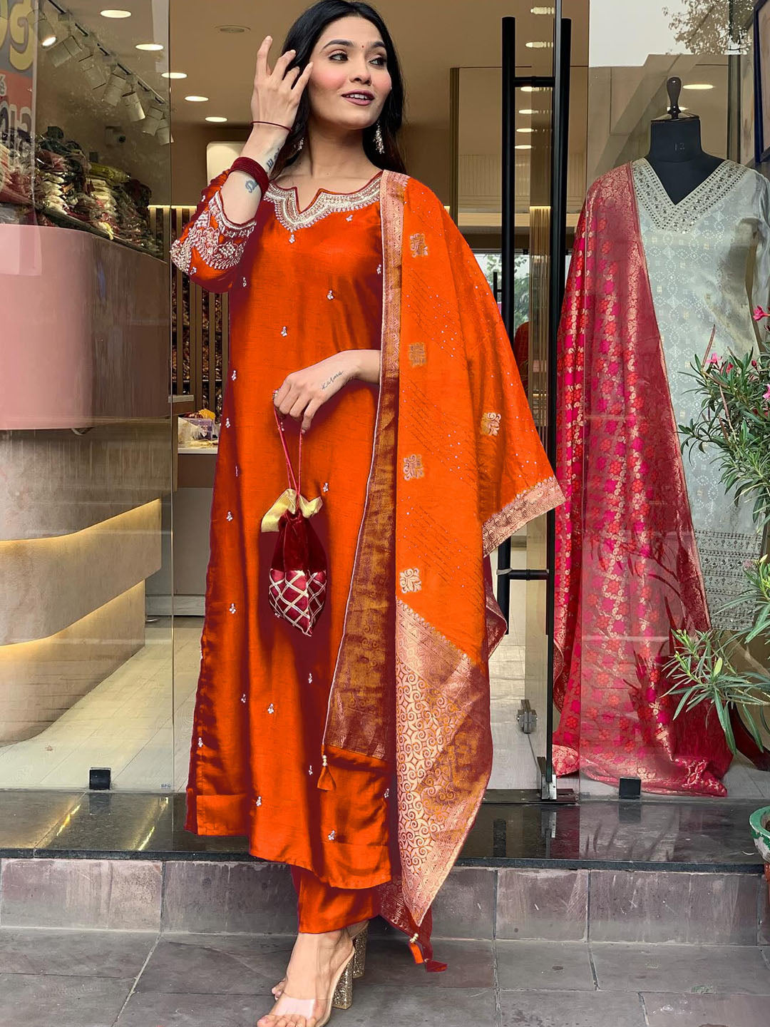 "Festive Rust Orange Silk Embroidered Suit with Traditional Jacquard Dupatta"