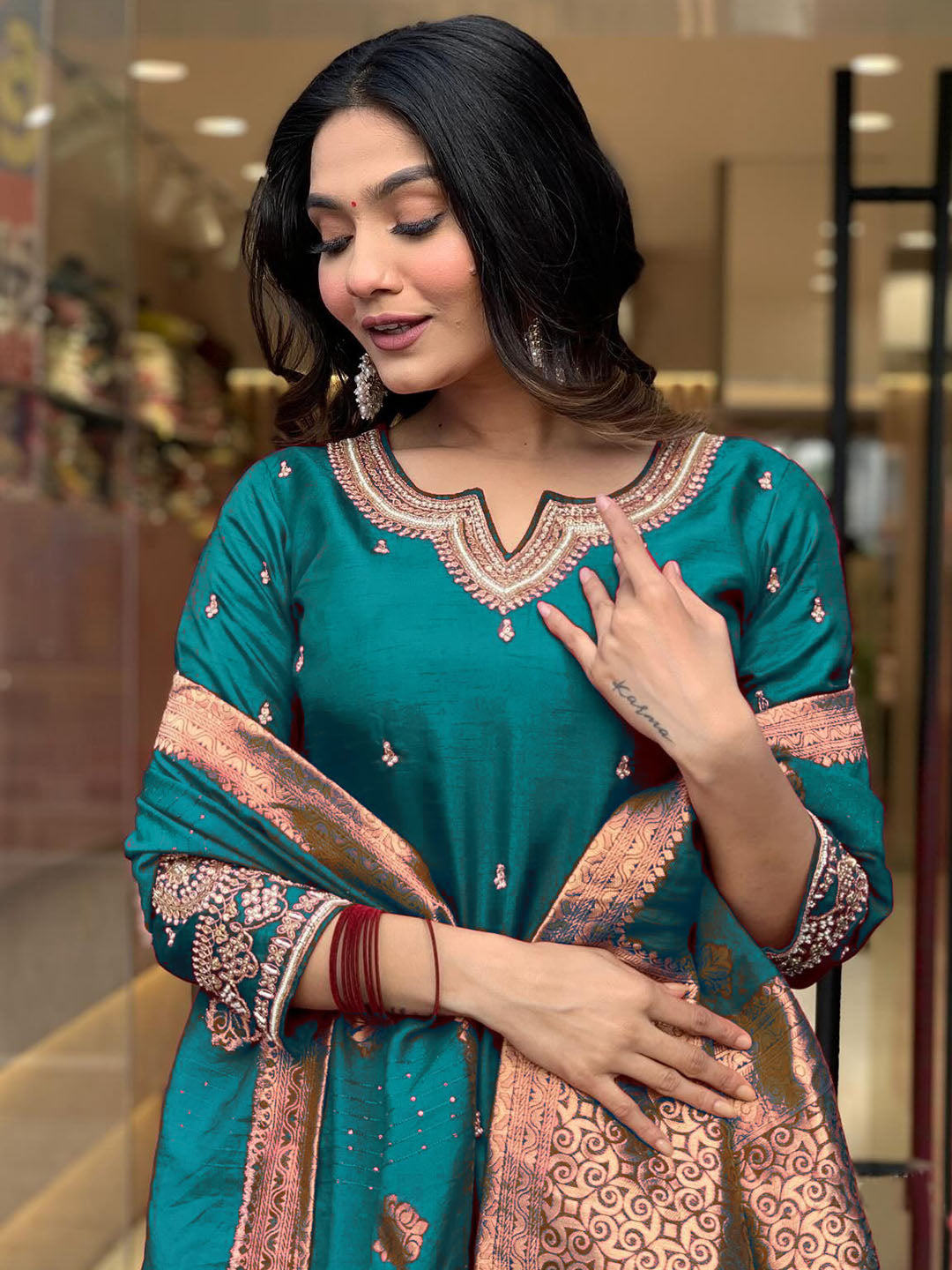 Silk Embroidered Salwar Suit with Jacquard Dupatta - Festive & Party Wear