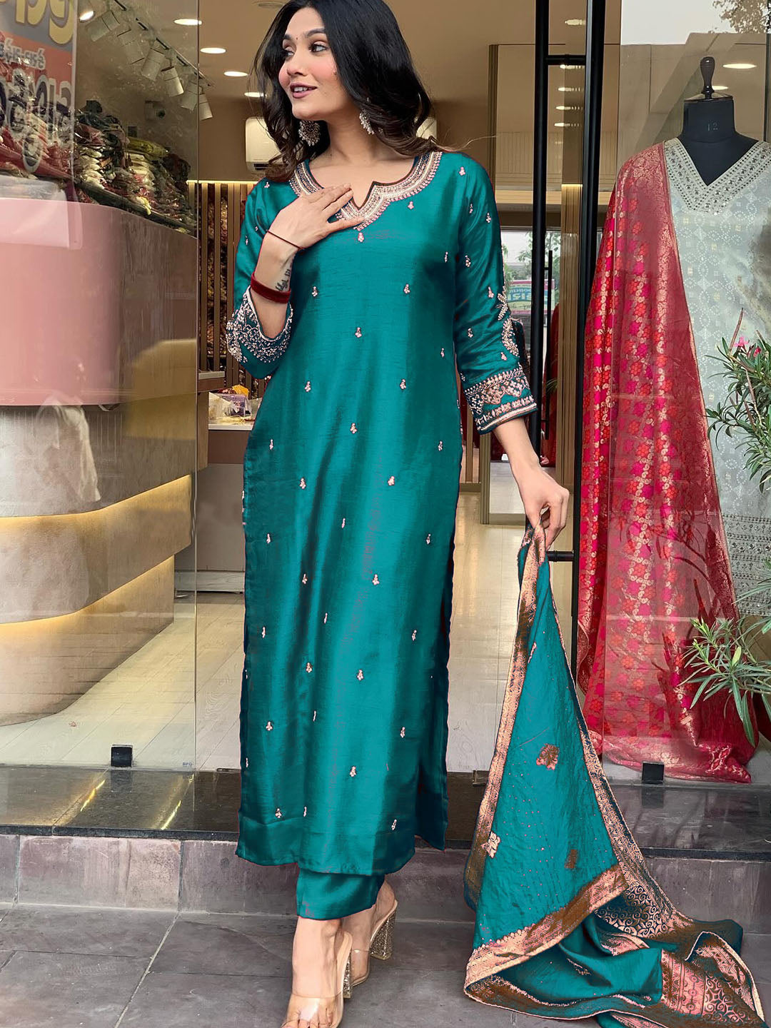 Silk Embroidered Salwar Suit with Jacquard Dupatta - Festive & Party Wear