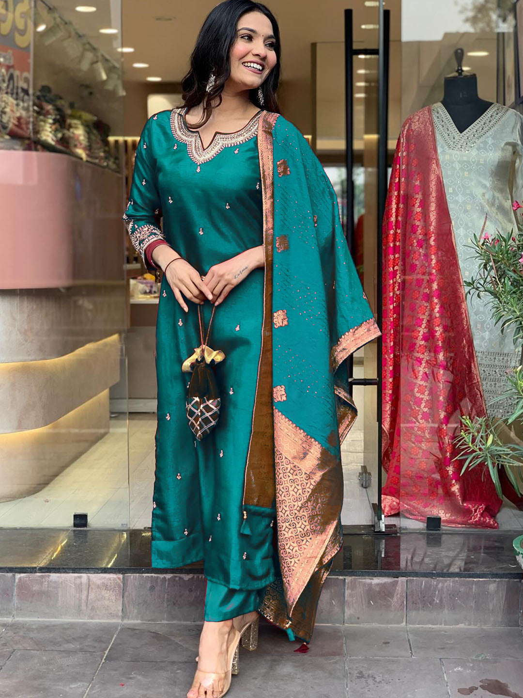 Silk Embroidered Salwar Suit with Jacquard Dupatta - Festive & Party Wear