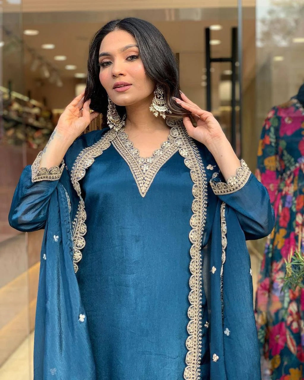"Teal Blue Silk Suit with Intricate Lace Detailing & Dupatta – Graceful Ethnic Ensemble"