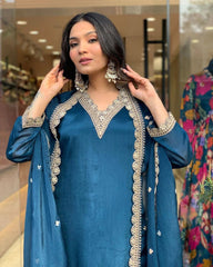 "Teal Blue Silk Suit with Intricate Lace Detailing & Dupatta – Graceful Ethnic Ensemble"