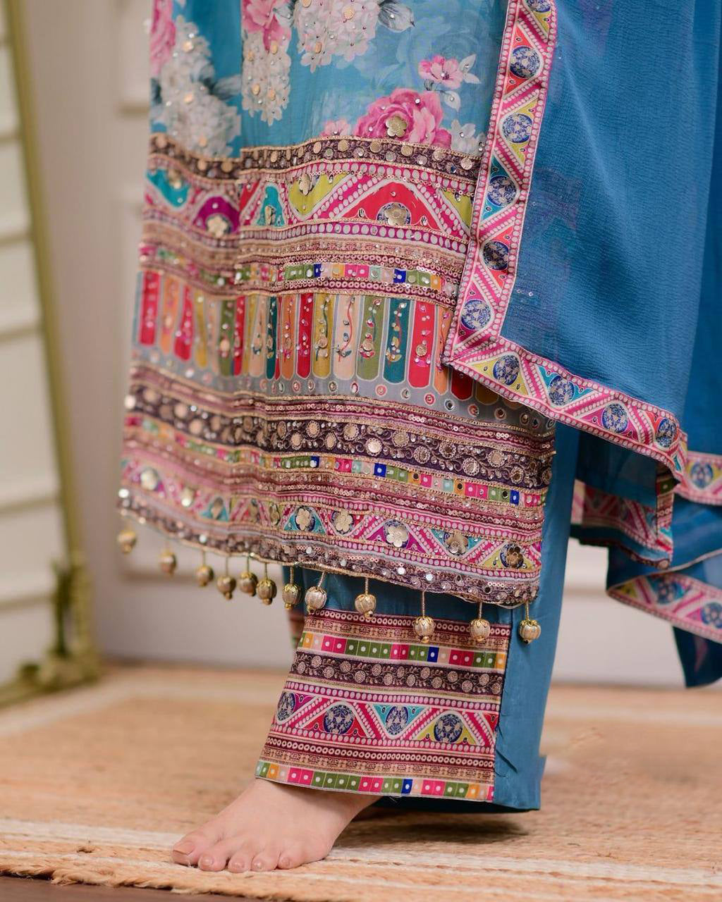 "Blue Floral Printed Lawn Suit with Mirror Work – Casual Chic Collection"