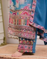 "Blue Floral Printed Lawn Suit with Mirror Work – Casual Chic Collection"