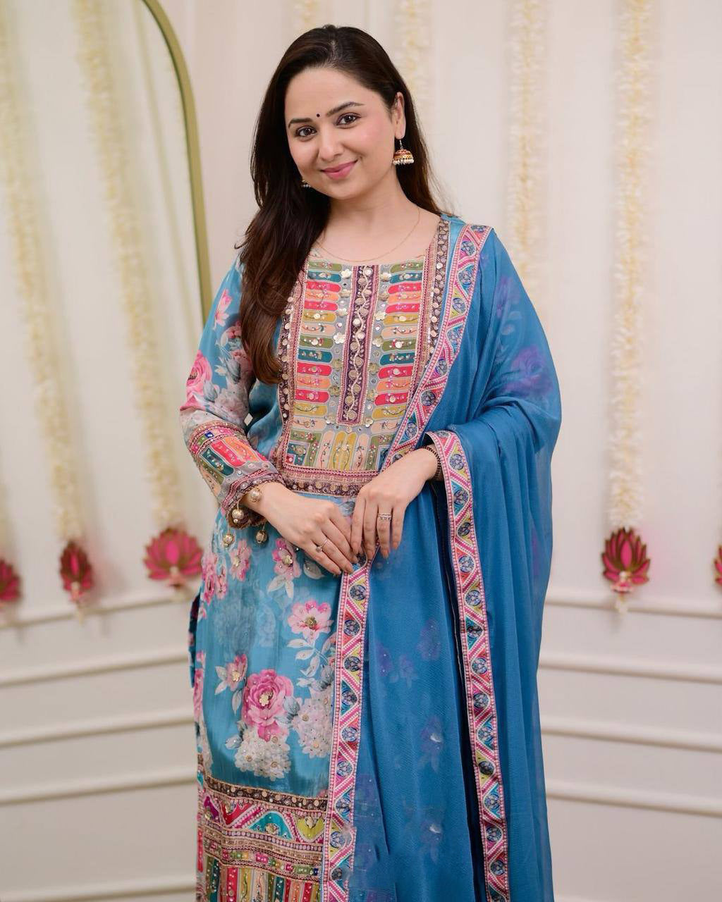"Blue Floral Printed Lawn Suit with Mirror Work – Casual Chic Collection"