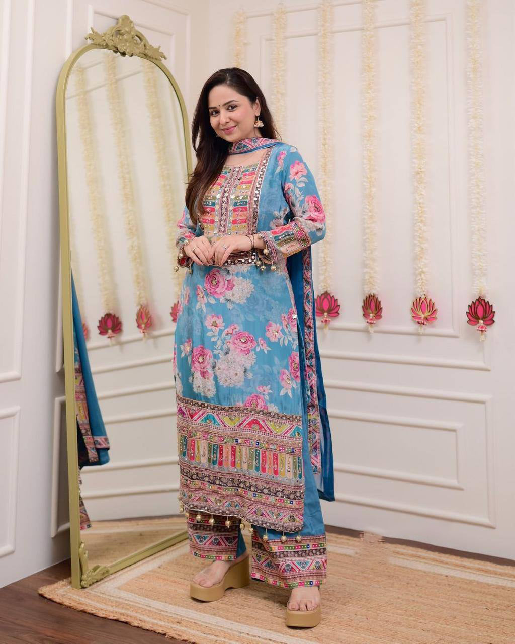 "Blue Floral Printed Lawn Suit with Mirror Work – Casual Chic Collection"