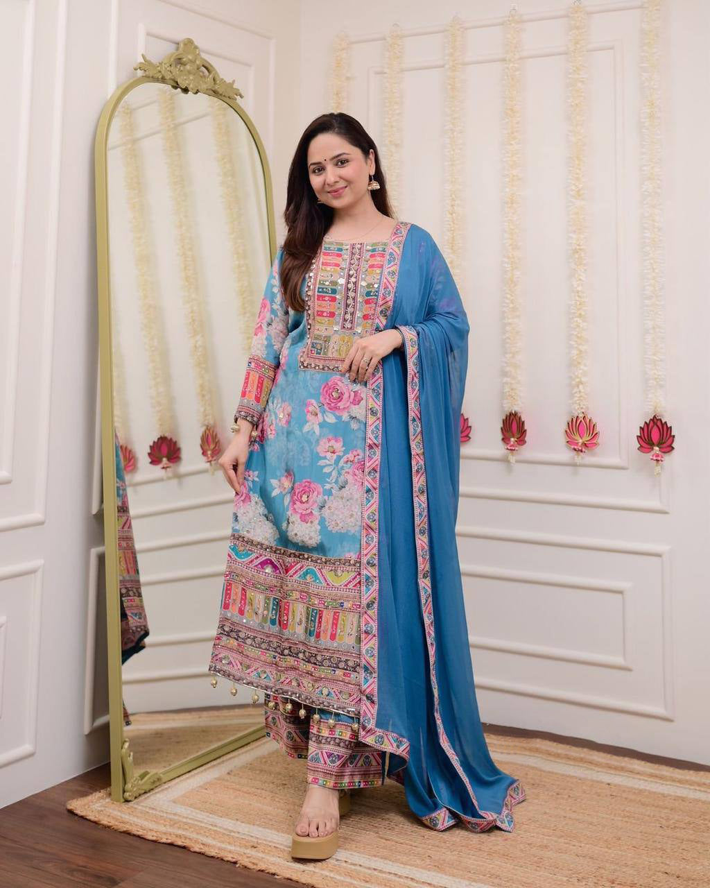 "Blue Floral Printed Lawn Suit with Mirror Work – Casual Chic Collection"