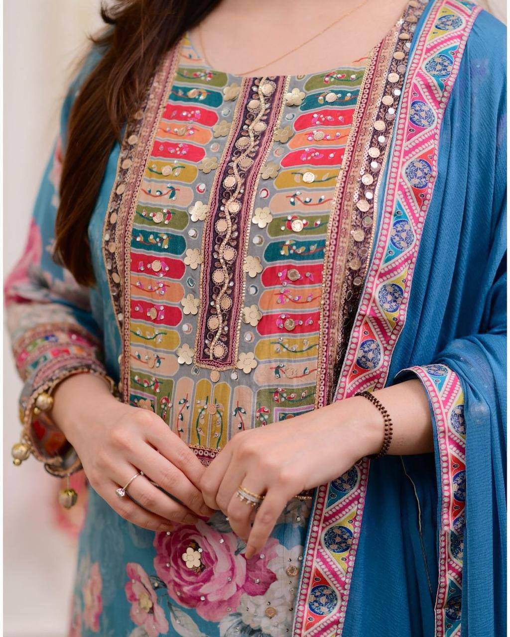 "Blue Floral Printed Lawn Suit with Mirror Work – Casual Chic Collection"