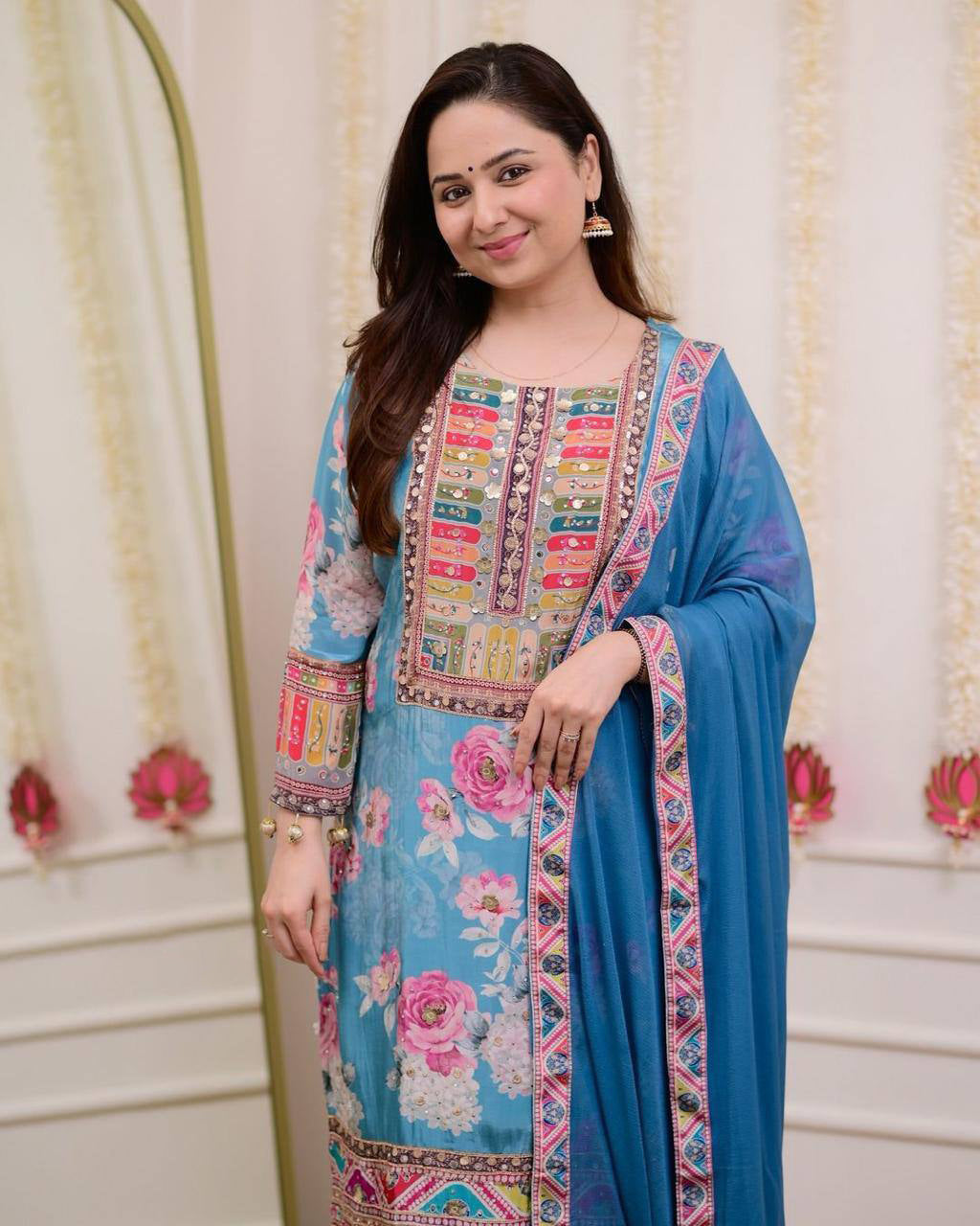 "Blue Floral Printed Lawn Suit with Mirror Work – Casual Chic Collection"
