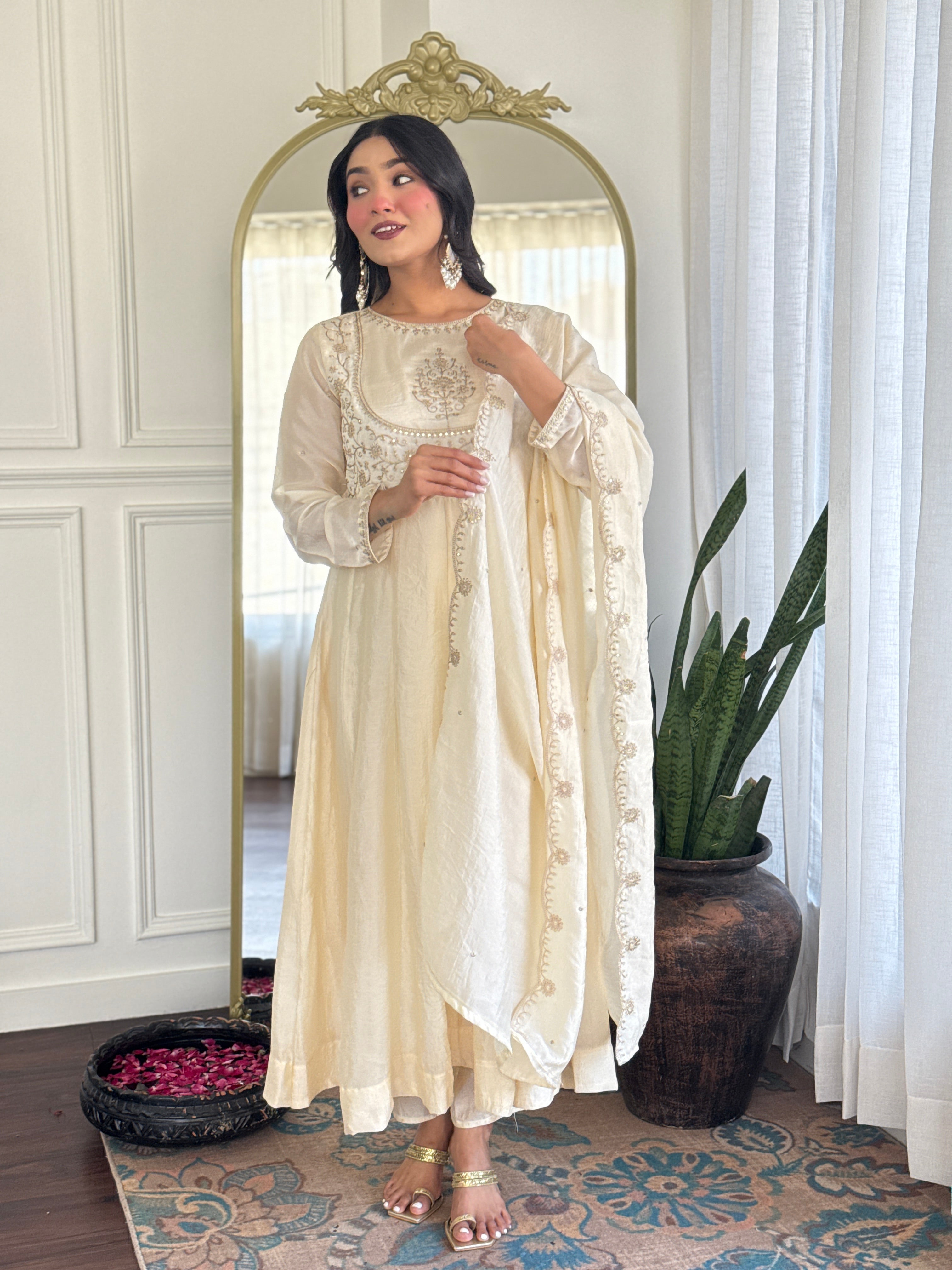 Classic Off-White Embroidered Festive Kurta