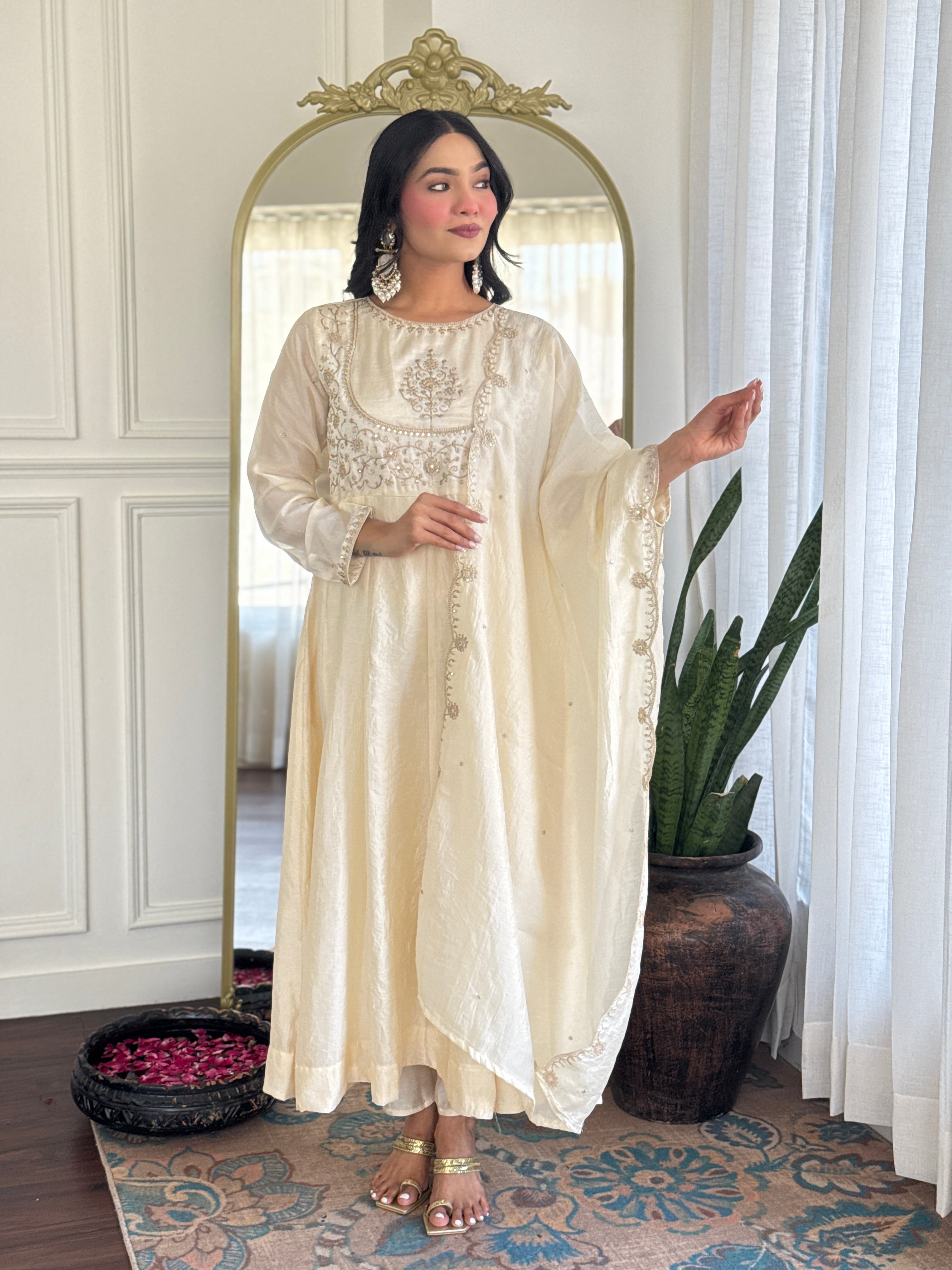 Classic Off-White Embroidered Festive Kurta